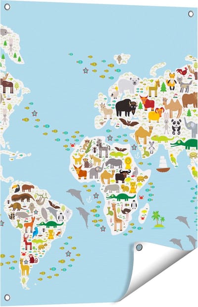 Gards Tuinposter Wereldkaart met Dieren - 60x80 cm - Tuindoek - Tuindecoratie - Wanddecoratie buiten - Tuinschilderij