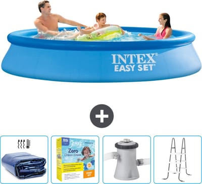 Intex Rond Opblaasbaar Easy Set Zwembad - 305 x 61 cm - Blauw - Inclusief Solarzeil - Onderhoudspakket - Zwembadfilterpomp - Ladder
