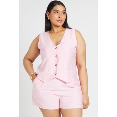 boohoo Dames Plus Linnen Gilet En Korte Broek Co-ord Set | Baby Roze | Maat: 46