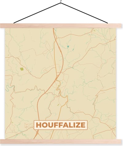 Posterhanger incl. Poster 40x40 cm - Schoolplaat - Houffalize - Plattegrond- Vintage - Stadskaart - Kaart - Textielposter - Blanke latten - Stadskaart