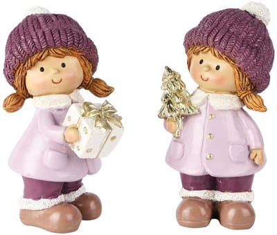Dekoratief | Winterkindje staand m/cadeautje, lila/paars, resina, 6x7x12cm, set van 2 stuks | A255252