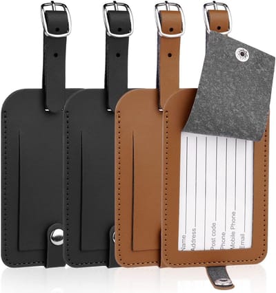 Famanu - 4 stuks Bagagelabels, lederen bagagelabels, koffer naam ID-kaart tag set, lederen tags reizen handtas accessoires voor het voorkomen van verlies van tassen (2 zwart + 2 bruin)