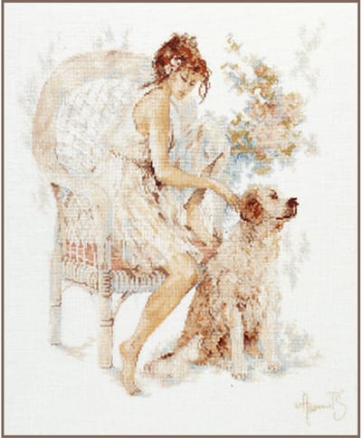 Lanarte Borduurpakket - Borduurset - Borduurpakket volwassenen - Telpakket kit - 39 x 49cm - Meisje op stoel met hond - PN-0007951
