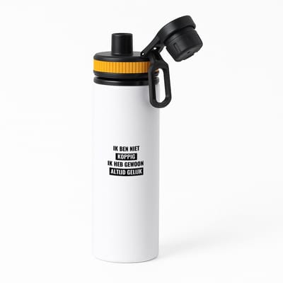 Hacebo® - ik ben niet koppig ik heb gewoon altijd gelijk waterfles met draaidop oranje - Quotes - altijd gelijk - koppig - grappige tekst - quotes - verjaardagscadeau - verjaardag - cadeau - kado - geschenk - gift - water fles - 850ML