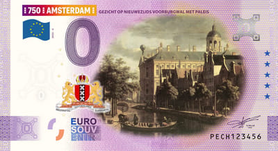 0 Euro biljet Nederland 2025 - Amsterdam VI Gezicht op Nieuwezijds Voorburgwal KLEUR