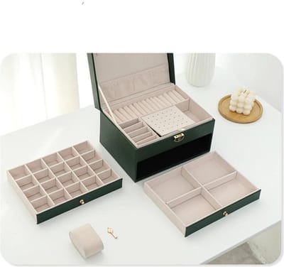 ATV PERFECTUM Sieradendoos Groen - Juwelendoos 3 lagen - Luxe Sieraden Doos Dames - Sieradenhouder - Tijdloos Design - Kunstleer Ketting, Armband, Ring, Oorbellen & Horloges Bijouteriedoos - valentijns cadeautjes
