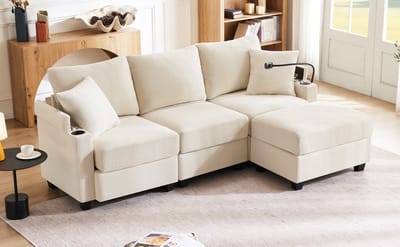 REDOM - Hoekbank - L-Vormig En Met Verplaatsbare Hocker - Multifunctioneel - Voor Woonkamer Of Kantoor - Ribstof - Beige - 213,5 x 139 x 87 cm