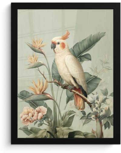 Poster in lijst - Fotolijst 30x40 cm - Posters - Gele kuifkaketoe - paradijsvogelbloemen - Groen - Posterlijst zwart - Decoratie - Wanddecoratie woonkamer - Muurdecoratie slaapkamer