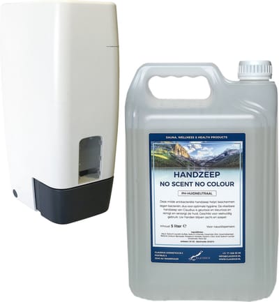 Zeepdispenser 1 liter kunststof hervulbaar + 5 liter jerrycan handzeep No Scent, No Colour