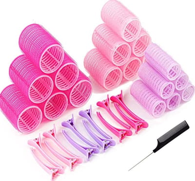 GOODTS - Krulspelden - haarrollers - haarklemmen - knipjes - kam - 31 stuks - Krulspelden 18 stuks - 3 maten - Incl. 12 haarklemmen - Haarrollers - Groot - Krullen zonder hitte - Kleefrollers Haar - Rollers - Krullers - Zelfklevend - Heatless Curls