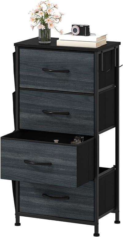 Smalle ladekast - Opbergkast met lades - Kamer organiseren - Met zijvakken en haken - 98B x 8.5H cm