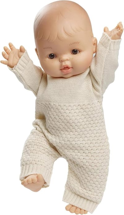 Poppenset met pop - Babypop meisje - Rollenspel stimuleren - Organisch gebreid rompertje - 34 cm - Multicolor
