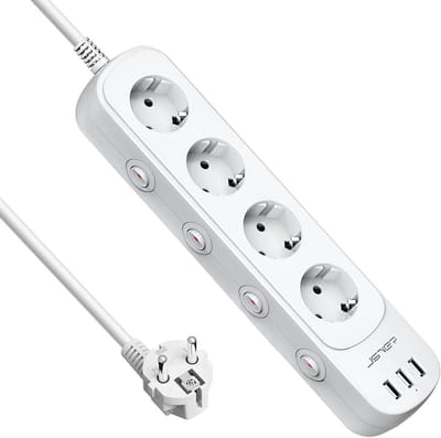USB-stopcontact met 3 USB-poorten en 4 stopcontacten met schakelaar - Meervoudige verlenging (3680W, 16A)
