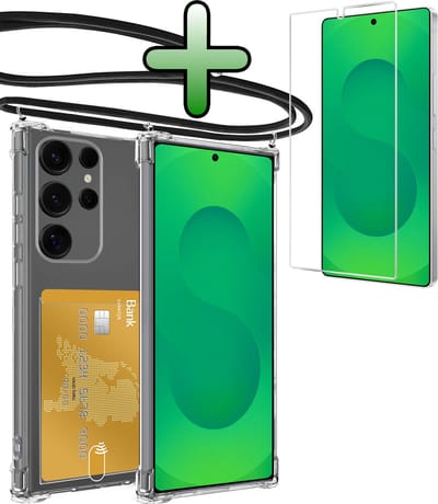Hoes Geschikt voor Samsung S25 Ultra Hoesje Pas Houder Shock Proof Case Hoes Met Koord Met Screenprotector - Hoesje Geschikt voor Samsung Galaxy S25 Ultra Hoes Met Telefoonkoord Pasjeshouder Cover - Transparant