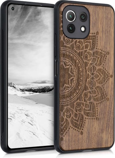 kwmobile telefoonhoesje geschikt voorXiaomi 11 Lite (5G) NE / Mi 11 Lite (5G) - Hoesje met bumper - hout - In donkerbruin Opkomende Zon design