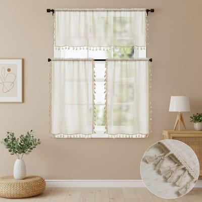 Qelus 2 Stuks Linnenlook Valletje met Kwastjes - Vintage Bistrogordijn - Kort Café Gordijn - Semi-Transparant - Tunnelzoom - Crème - Brise-bise Aspect Lin - B66xH61cm