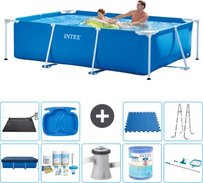Intex Rechthoekig Frame Zwembad - 260 x 160 x 65 cm - Blauw - Inclusief Afdekzeil - Onderhoudspakket - Zwembadfilterpomp - Filter - Schoonmaakset - Solar Mat - Ladder - Voetenbad - Vloertegels - 10-delig