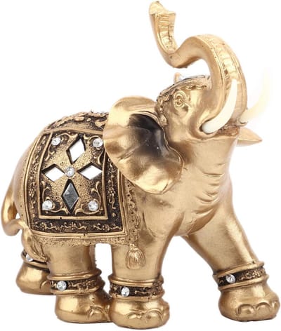 Allecto Plus - Gouden Olifant Figuur met Omhooggerichte Kofferbak voor Thuisdecoratie en Kantoor - Decoratief Beeldje als Geschenk - Collectible Sculptuur in Goud (14 * 15cm)