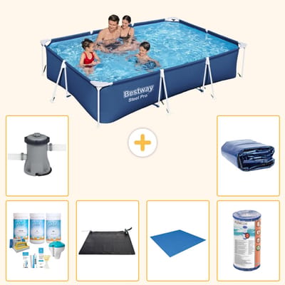 Bestway Rechthoekig Steel Pro Zwembad - 300 x 201 x 66 cm - Blauw - Inclusief Onderhoudspakket - Solar Mat - Grondzeil - Filter - Zwembadfilterpomp - Solarzeil - 7-delig
