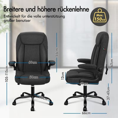 Ergonomische bureaustoel met massagefunctie – House&Garden Executive Directiestoel – Verstelbare kantoorstoel 90°–135° kantelfunctie, hoge S-curve rugleuning, armleuningen, 360° draaistoel met wielen, luxe zwarte linnen stof, 150 kg draagvermogen