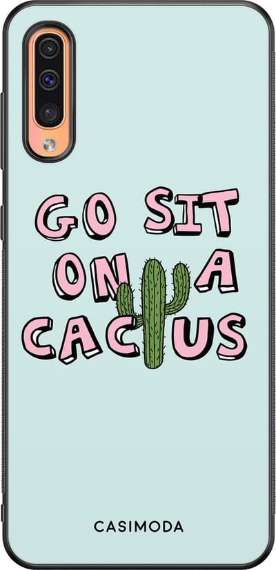 Casimoda® hoesje - Geschikt voor Samsung Galaxy A50 - Go Sit On A Cactus - Zwart TPU Backcover - Planten - Blauw