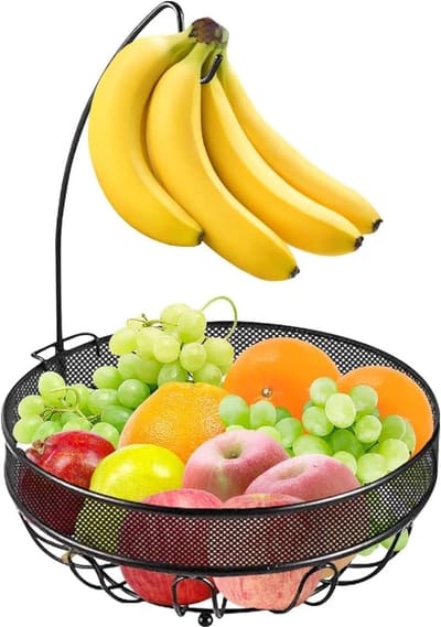 Famanu – Fruitmand met bananenhouder – metalen fruitschaal staand met hoge capaciteit (brons)