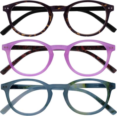 3 Stuks Leesbril Set +2.00 Dunne Ronde Montuur Unisex | Donkerbruin Roze Turquoise