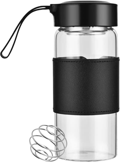 Eiwitshaker van glas 480 ml met zeef en roestvrij stalen kogel - Proteïneshaker voor eiwitshakes en fitness - Shakerfles met shakebeker