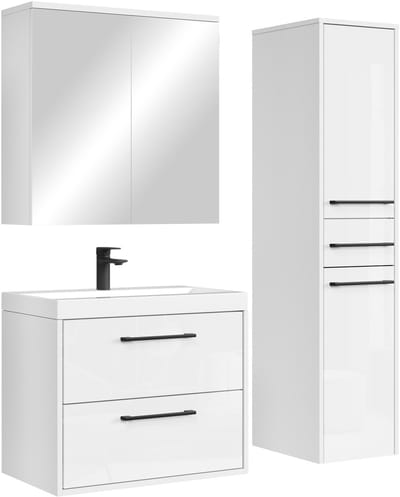 Badplaats Badkamermeubel Set Florence 60 cm – Hoogglans Wit – Hangend Badmeubel met Wastafel, Spiegelkast en Zijkast
