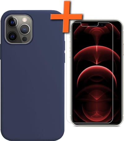 Hoes - Met Screenprotector - Geschikt voor Apple iPhone 13 Pro - Sterk & Shockproof - Back Cover - Siliconen Case - Telefoon Hoes - Donkerblauw
