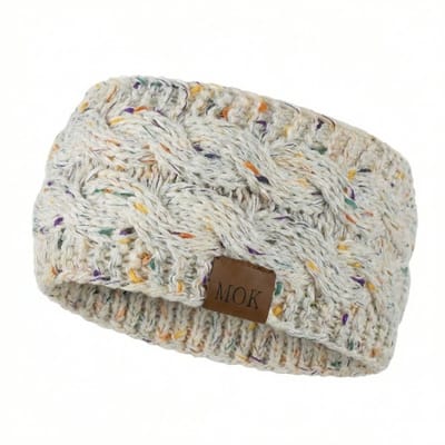 Wit / Roze gebreide hoofdband dames met multicolor details – winter haarband met kabelpatroon – warme elastische oorwarmer met leren label – zachte gebreide band voor koude dagen