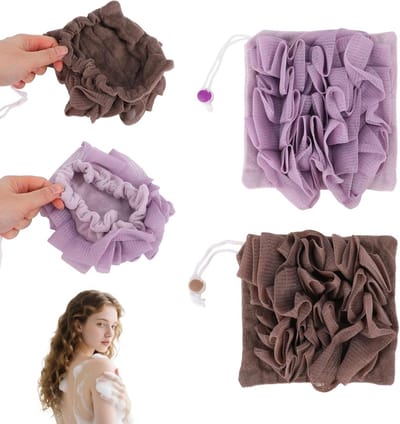 2-in-1 Loofah Wasdoek Set van 2, Exfoliërende Bad Spons met Trekkoord voor Diepe Reiniging en Huidverzorging, Herbruikbare Douche Puff in Paars en Bruin