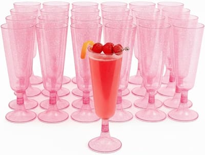 Champagneglazen met Roze Glitter, 150ml - Herbruikbare Champagne Glazen voor Bruiloften, Verjaardagen, Kerstmis & Feesten - Elegante Plastic Glazen voor Cocktails, Dessert