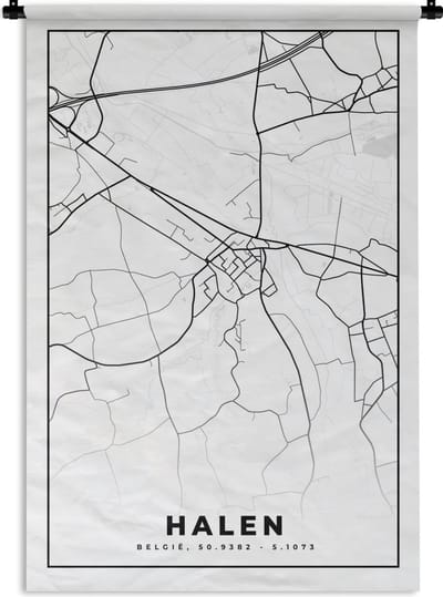 Wandkleed - Wanddoek - Zwart Wit – België – Plattegrond – Stadskaart – Kaart – Halen - 120x180 cm - Wandtapijt