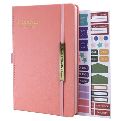 Dailygoods- Dagboek 2024-2025 - A5 Weekoverzicht - Lederen Hoes - 18 Maanden - Contactpagina's - Kalenderstickers - Agenda