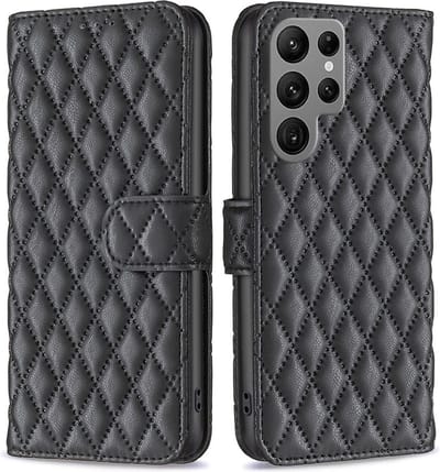 BINFEN Hoesje - Geschikt voor Samsung Galaxy S24 Ultra Hoesje - BINFEN Rhombus Book Case - Zwart