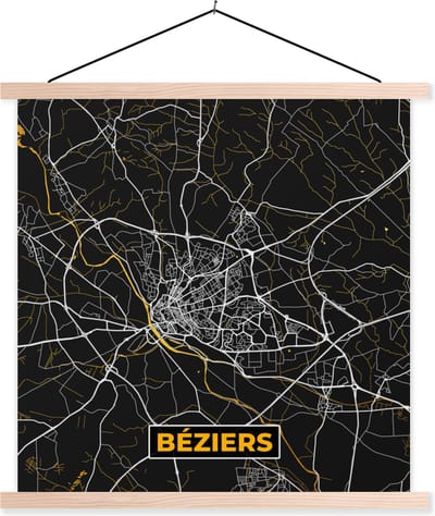 Posterhanger incl. Poster 40x40 cm - Schoolplaat - Plattegrond – Béziers – Stadskaart – Kaart – Frankrijk - Textielposter - Blanke latten - Stadskaart