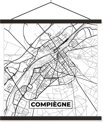 Posterhanger incl. Poster 60x60 cm - Schoolplaat - Compiègne - Kaart - Stadskaart - Frankrijk - Plattegrond - Zwart wit - Textielposter - Zwarte latten - Stadskaart