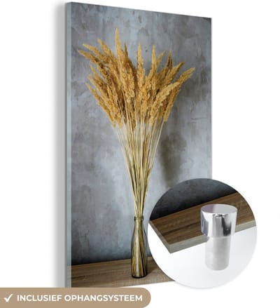 MuchoWow® Glasschilderij 40x60 cm - Schilderij acrylglas - Droogbloemen - Vaas - Stilleven - Foto op glas - Schilderijen