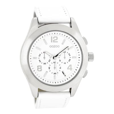 OOZOO Timepieces - Zilverkleurige horloge met witte leren band - C6586