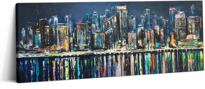 Wallfluent Foto Op Canvas Land van Bloemen - een fantasiestadje aan zee - 125 x 50 cm - Blauw Schilderijen Op Canvas Doek - Steden Canvas Foto - Imitatie van een olieverfschilderij Schilderij Op Doek - Steden Canvas Schilderij
