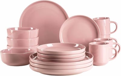 serviesset voor 4 personen in modern Scandinavisch design, 16-delig combiservies van keramiek in roze en aardewerk