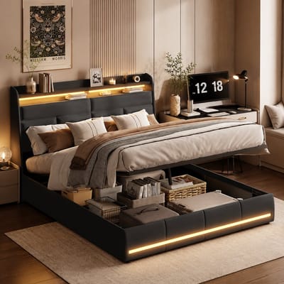 Opbergbed 140x200 cm met ledverlichting - Bedframe met hydraulisch systeem - Gestoffeerd hoofdbord met opbergruimte - Lattenbodem - PU Zwart