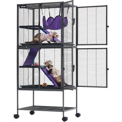 VEVOR Kleine Dierenkooi, Metalen Frettenkooi, Verblijf voor Kleine Dieren, 61x44x138 cm, voor Fretten, Chinchilla's, Vliegende Eekhoorns, Cavia's & Konijnen, 4 Verdiepingen, Draadafstand 13,97 mm, Vergrendelbare Zwenkwielen