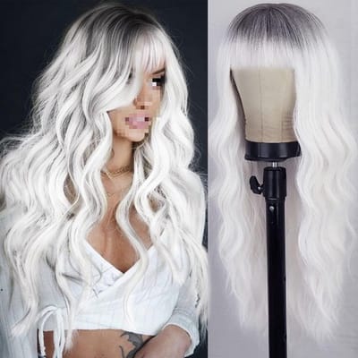 Witte pruik voor dames, witte pruik met pony, lange golvende pruik, synthetische pruik met donkere haarwortels, hittebestendige vezel, geschikt voor dagelijks gebruik op feestjes, 26 inch