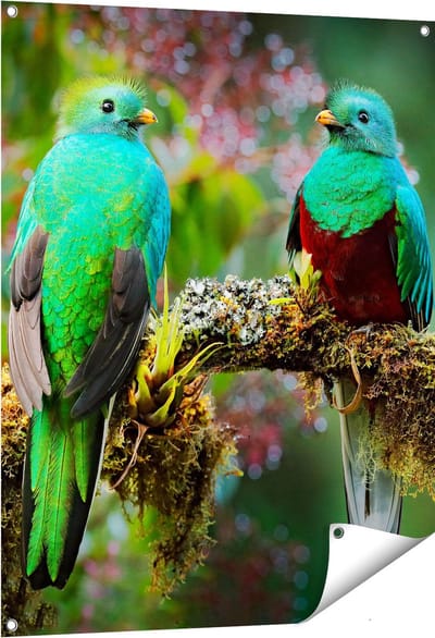 Gards Tuinposter Twee Groene Quetzal Vogels op een Tak - 80x100 cm - Tuindoek - Tuindecoratie - Wanddecoratie buiten - Tuinschilderij