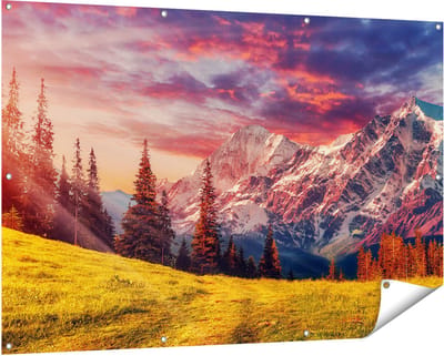 Gards Tuinposter Alpen Landschap met een Kleurrijke Hemel - 150x100 cm - Tuindoek - Tuindecoratie - Wanddecoratie buiten - Tuinschilderij