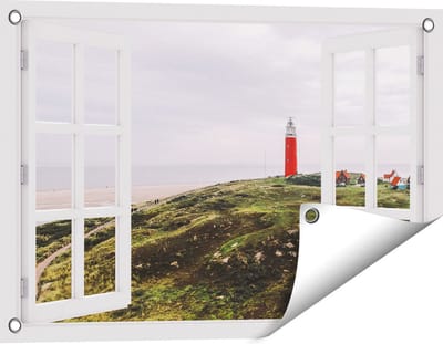 Gards Tuinposter Doorkijk Vuurtoren Texel - 60x40 cm - Tuindoek - Tuindecoratie - Wanddecoratie buiten - Tuinschilderij