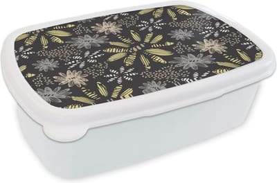 Broodtrommel Wit - Lunchbox - Brooddoos - Abstract - Bloemen - Patronen - 18x12x6 cm - Volwassenen