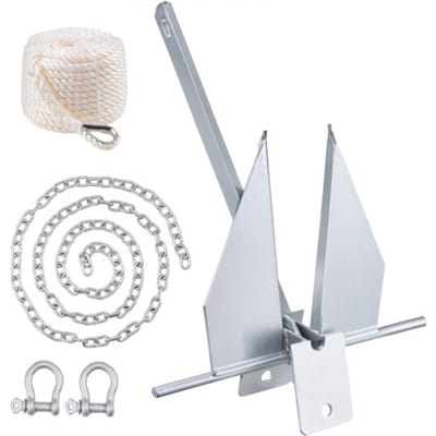 VEVOR Fluke-ankerset Thermisch Verzinkt Staal Fluke-anker 4 kg met Ketting van 2,4 m, Touw van 22,86 m en Twee Sluitingen van 9 mm, Bootanker voor Kleine Vaartuigen onder de 5,49 m, Zeeën, Rivieren en Kusten